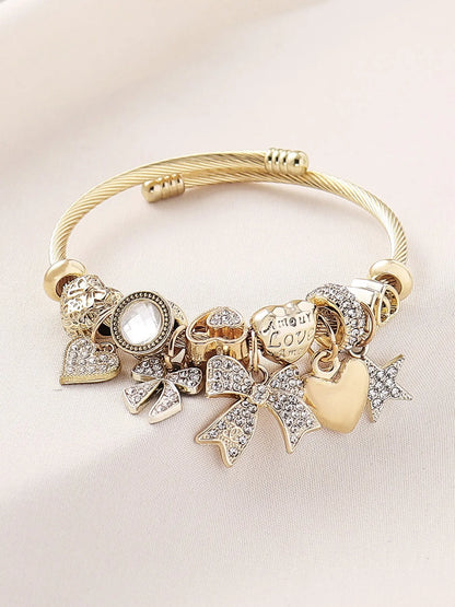 Elegant Women's Stainless Steel Open Bangle Bracelet, Handmade Beaded Rhinestone Butterfly Star Heart Pendant, Exquisite Bracelet, Perfect Gift for Parties
