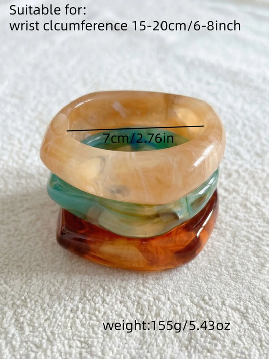 3 Piece Set Irregular Gradient Resin Bracelets, New Chinese Style Cool Wind, Cream /lake /caramel, Wide Band, Stackable Wrist Cuffs, Layered Bracelet Set, Bracelet Combination Set