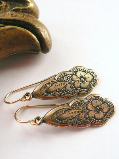 Victorian Style Earrings, Romantic Art Nouveau Women's Earrings, Gold Flower Dangle Earrings, Statement Earrings, Jewelry Gift for Mom, Fashion Dangle Earrings