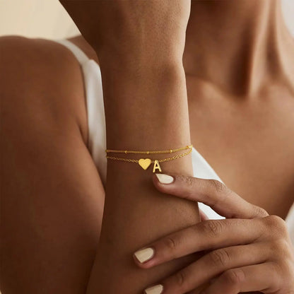 Women's Layered Heart Initial Bracelet Sets - Adjustable Heart-Letter Link, Exquisite Cute Accessories, Fashion Costume Jewelry, Birthday Christmas Gifts, Princess Charm Bangles, Sohochic