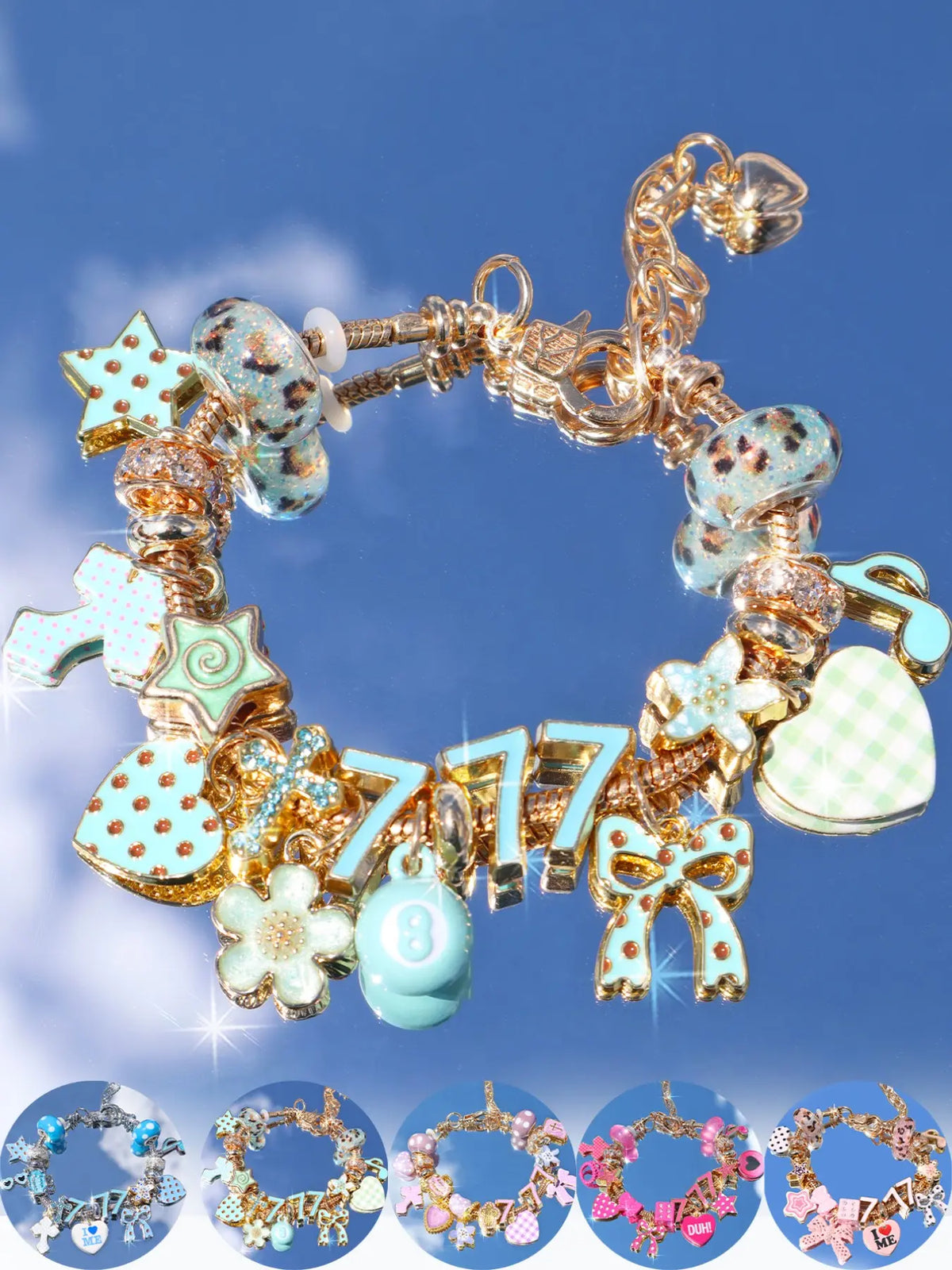 Leopard Print Cherry Charm Bracelet, Star Girl Cross Bracelet, Lucky Number 777 Bracelet, Cherry Tooth Bracelet, Pool Ball 7 Bracelet