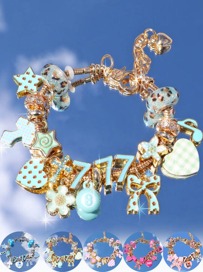 Leopard Print Cherry Charm Bracelet, Star Girl Cross Bracelet, Lucky Number 777 Bracelet, Cherry Tooth Bracelet, Pool Ball 7 Bracelet