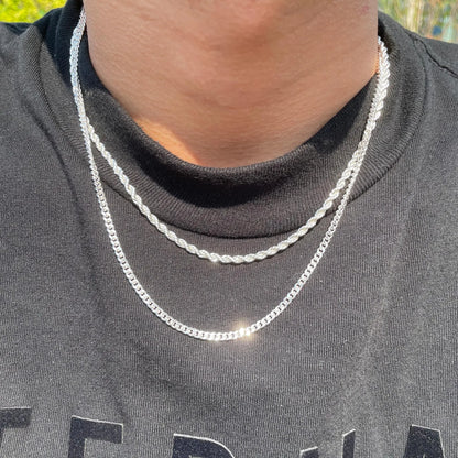 Tewiky Men's 2-Piece 3mm Layered Cuban Link & Rope Chain Necklaces Set Pack, 18-28in Silver Adjustable Men's Jewelry, Daily Wear Trendy Summer Accessory, Cool Gifts for Guys Birthday Gifts for Him