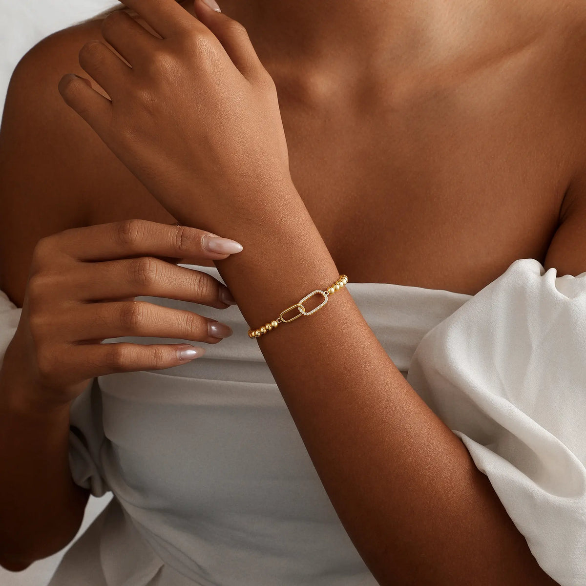 14K Gold Plated Beaded Stretch Bracelet for Women - Elegant CZ Stackable Jewelry, Non Tarnish, Perfect Gift for Friends & Mom,Dainty Gold Bracelet,Fashion Wrist Jewelry,Exquisite Bracelet,Stackable Bangle