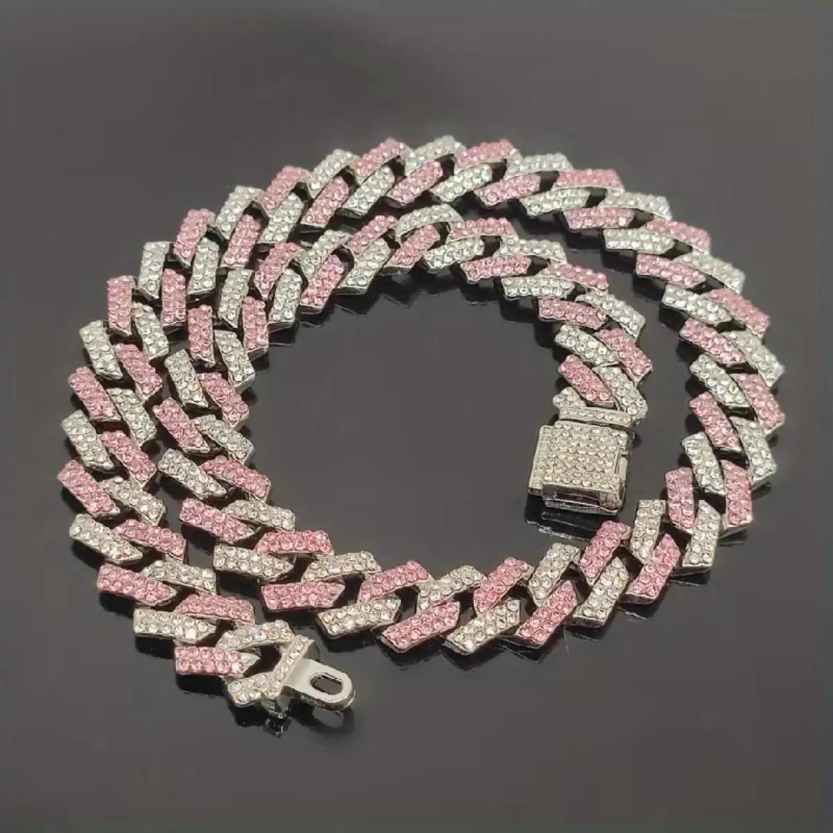 Pink Blue Cuban Link Necklace Small Flip Cubic Zirconia Unisex Hip Hop Chain Jewelry for Couples Daily Wear Party
