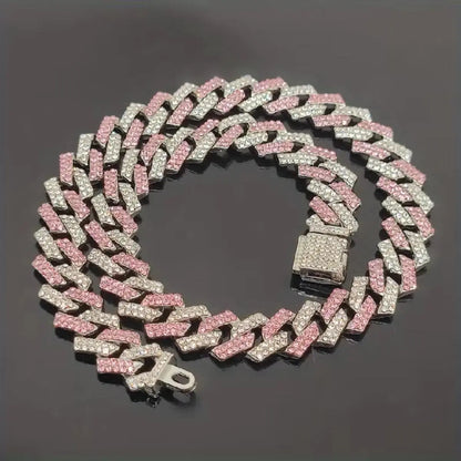 Pink Blue Cuban Link Necklace Small Flip Cubic Zirconia Unisex Hip Hop Chain Jewelry for Couples Daily Wear Party