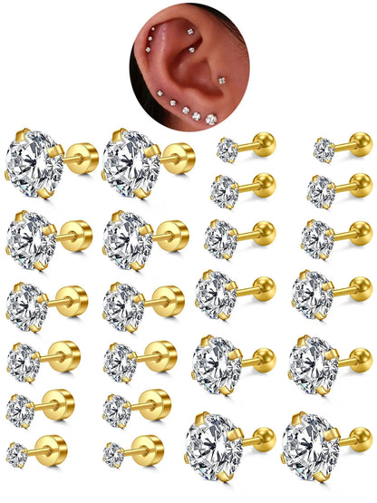Unisex Rhinestone Decor Stud Earrings, Sparkling Ear Jewelry, 12 Pairs Stainless Steel Cartilage Earrings for Women & Girls, All-match Jewelry As Birthday Gift, Stud Earring Sets, Ear Studs, Earring Pack