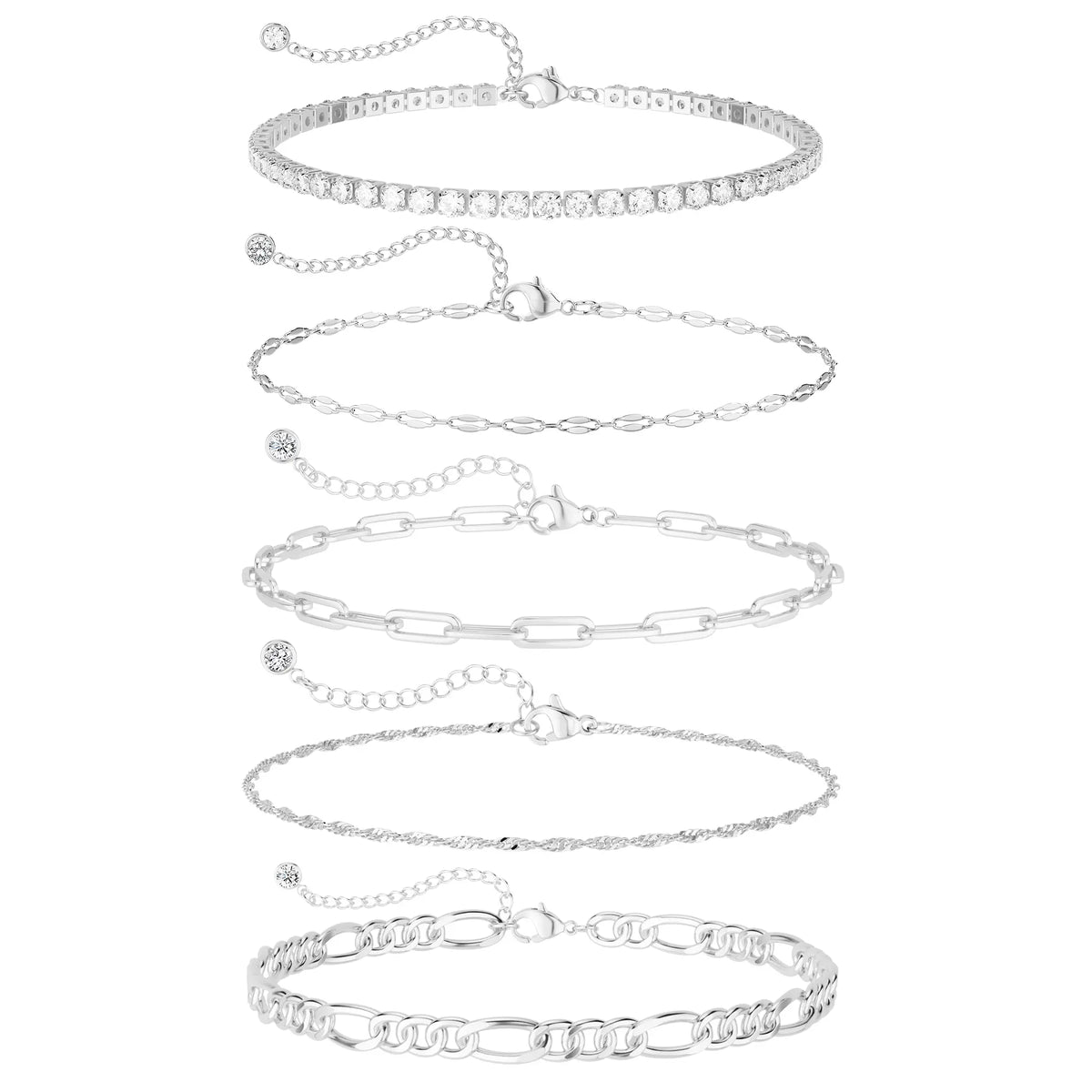 TEWIKY Women's 5-Piece Thin Dainty Gold Aesthetic Bracelet Stack Set, Chain Styles Including Paperclip, Cuban Link & Greenish Beads, Adjustable 6.5in Metal Coating Jewelry for Everyday Wear, Casual, Stackable Sets