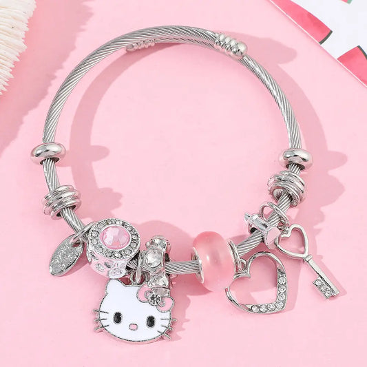 Sanrio Hello Kitty Charm Bracelet with Heart Key & Pink Bead Accents Adjustable Fit Sparkling Design for Sanrio Fans