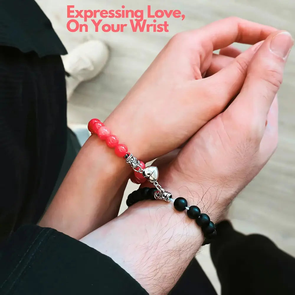 Women's 2-Piece Adjustable Beaded Bracelet Set - Magnetic Heart Charm Couples Bracelets, Sentimental Boyfriend Gifts, Cute Gifts for BF, Stress Relief Costume Jewelry, Sohochic Anniversary Accessory